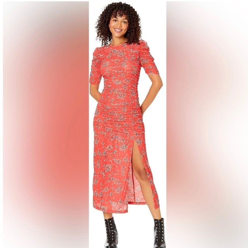 Free People‎ Briella Red Floral Ruched Mesh Puff Sleeve Midi Dress Scoop Bodycon